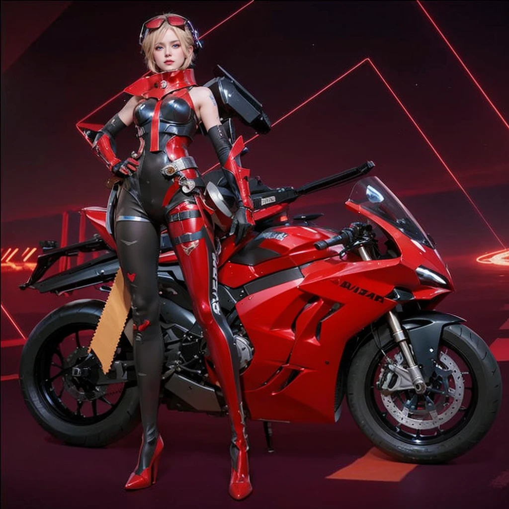 A beautiful woman. 20s. Blonde hair and blue eyes. Short hair. She is looking at the camera with a defiant expression. She wears a silver metallic battle uniform. There is something on his waist that is reminiscent of Kamen Rider's transformation belt. In her background is an image of outer space and a giant space battleship. A masterpiece.