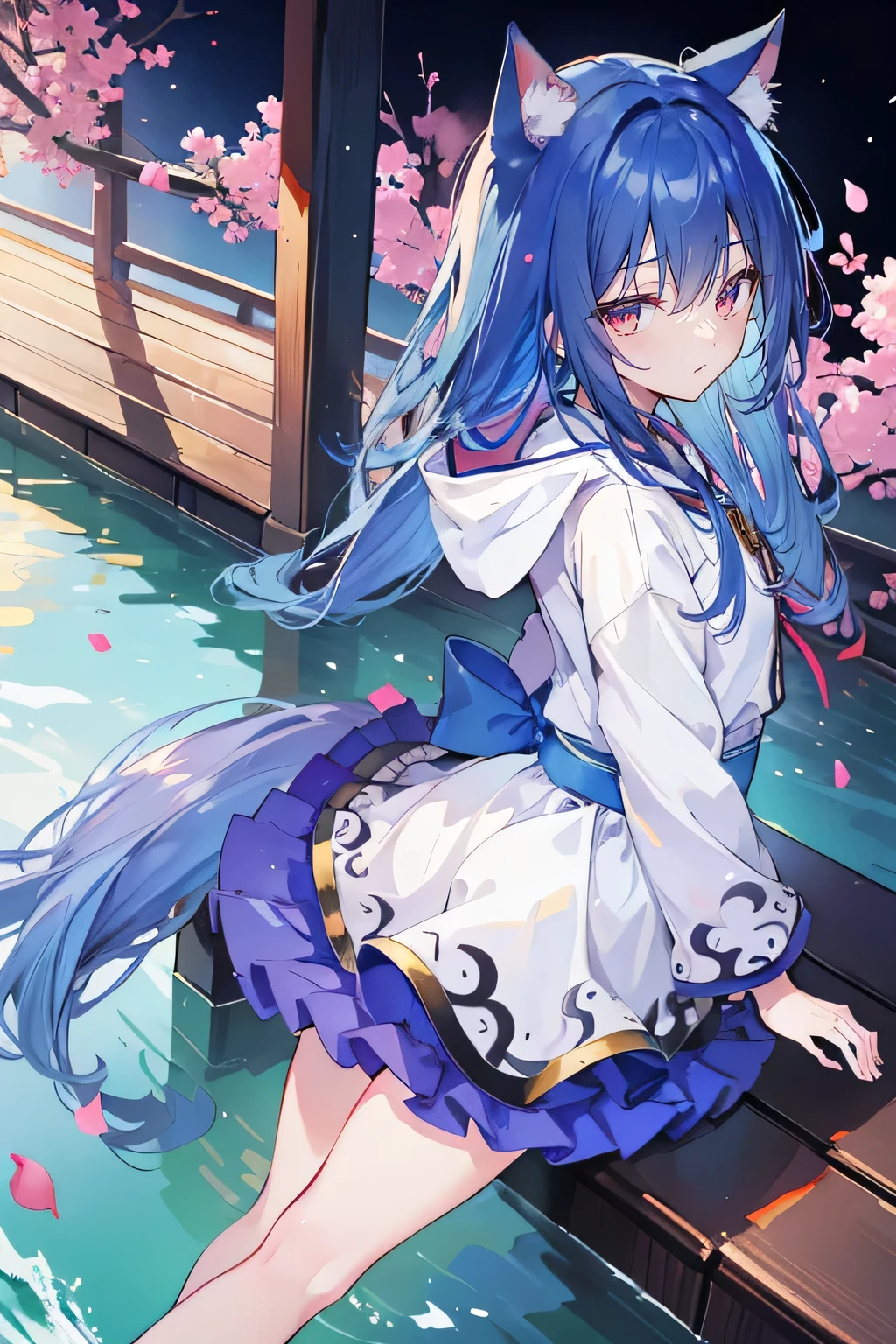 （masterpiece：1.2），Super detailed，lifelike，Expressive eyes，fair skin，perfect face shape，1 girl，
Japanese comics,Gorgeous blue hair,flowing blue hair,flowing clothes,Cat ears,Petals fall,beautiful lola,Baby Angel,
Shaking head with one hand，Cross your legs，Gentle and peaceful background，The pavilion is cool and comfortable,smile, wearing hoodie, background of tokyo,back views, winter,lie on the water。