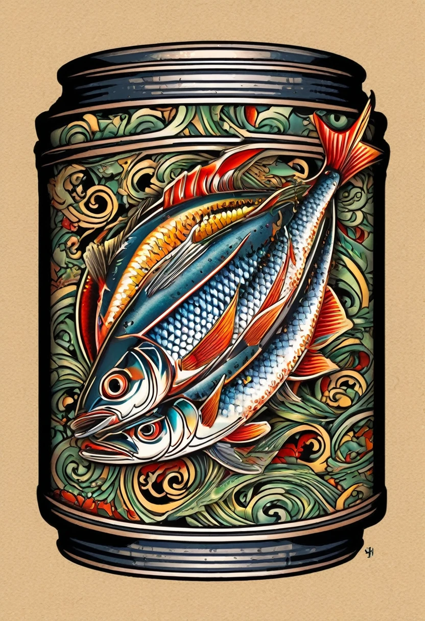 sardines in traditional pull can, japanese style tattoo, contemporary style, ((detailed and expressive ), fine art style, lots of fine lines and full colour shading style, muted colours, full background with detailed line art