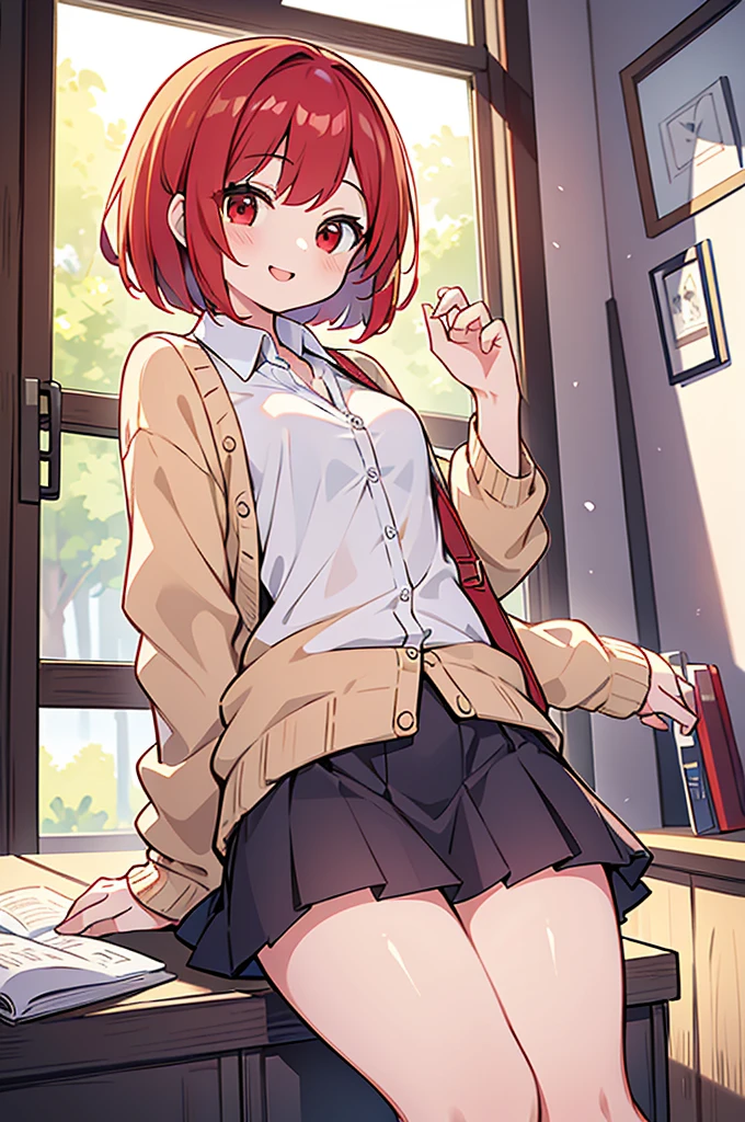 (The ultimate masterpiece), (Ultra HD), (Ultra-fine), High resolution, Ultimate beauty, High chroma, vivid,Girl,(pretty girl), Thighs, (cardigan), (skirt), Super Smile, Red hair,ショートBob,(Bob),Red Eyes ,Small breasts, Cute room,put one's hand between one's thighs