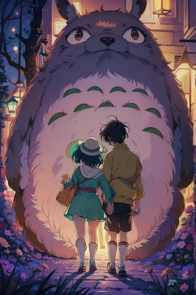 man and woman hugging a ghibli furry creature, night sky, at night, darkness illuminated by lanterns, detalladas luces de farolillos at nightReal anime costume design, Spirited Away, Stretch. detailed, colorful.