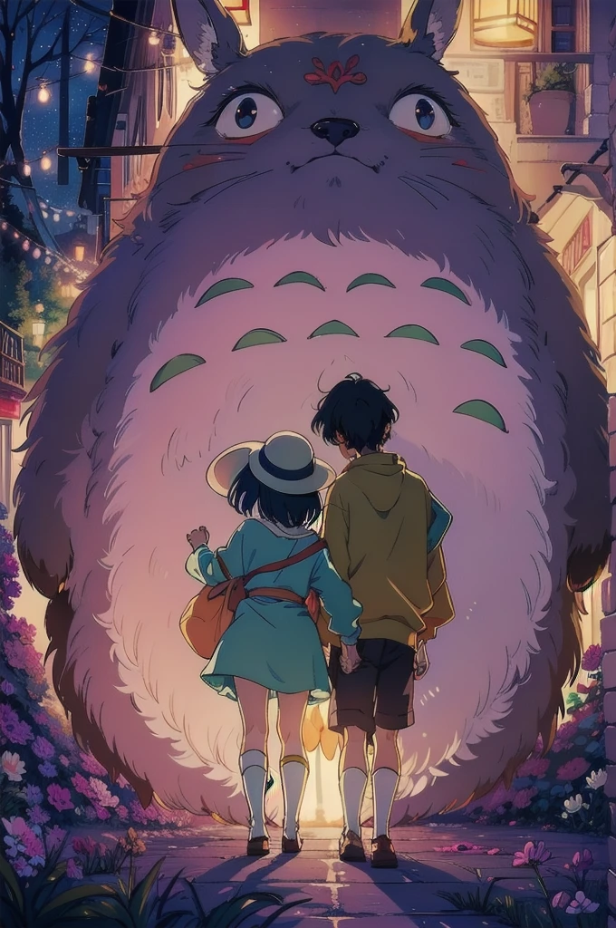 man and woman hugging a ghibli furry creature, night sky, at night, darkness illuminated by lanterns, detalladas luces de farolillos at nightReal anime costume design, Spirited Away, Stretch. detailed, colorful.