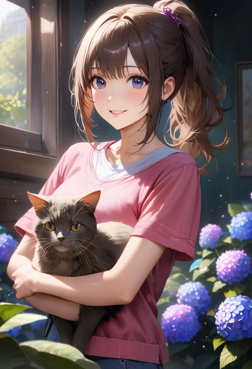 Hydrangea Park, Cute casual clothes,Holding a cat,Blur the background,high school girl,ponytail,smile,Glitter effect,Highest quality, 4K, 8K, High resolution, masterpiece:1.2, Very detailed, Realistic:1.37, High resolution, 超High resolution, Ultra-fine painting, Sharp focus, Physically Based Rendering, Very detailedな説明, Professional, Vibrant colors