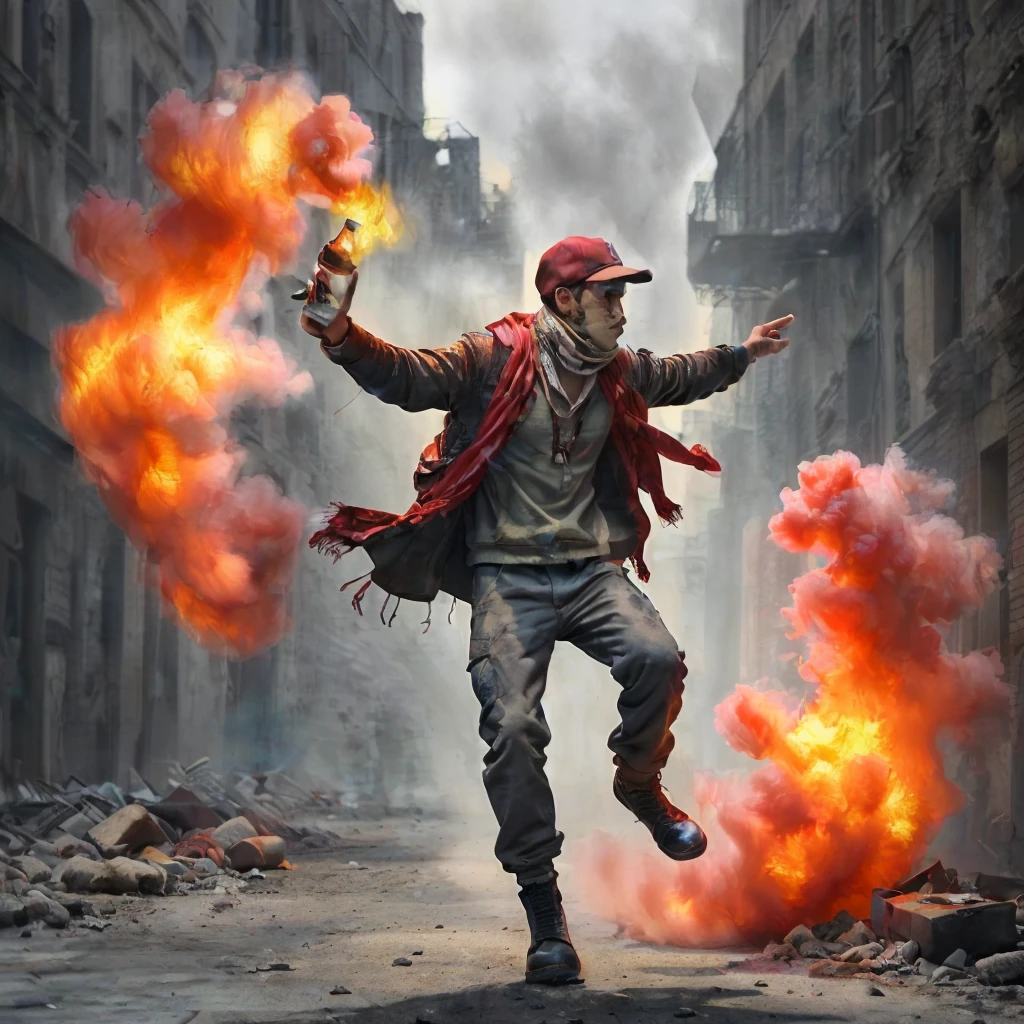 (very sharp result) (((textile shading))), (((Best Quality))), (((masterpiece))), (((hyper realistic photo))) on war situation (dramatic candid photography) contrast backlight shade lighting treatment: (iconic banksy pose) dramatic shade of a boy with cap & & arabian motif scarf cover his face ready to throw a molotov cocktail bomb on riot situation, full smoke, red mood lighting, light source from the molotov fire, shot by hasselblad with medium lens, UHD 4k.