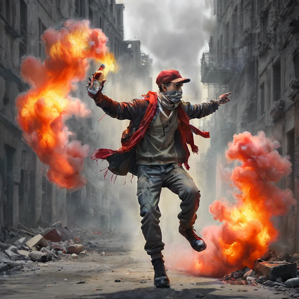 (very sharp result) (((textile shading))), (((Best Quality))), (((masterpiece))), (((hyper realistic photo))) on war situation (dramatic candid photography) contrast backlight shade lighting treatment: (iconic banksy pose) dramatic shade of a boy with cap & & arabian motif scarf cover his face ready to throw a molotov cocktail bomb on riot situation, full smoke, red mood lighting, light source from the molotov fire, shot by hasselblad with medium lens, UHD 4k.