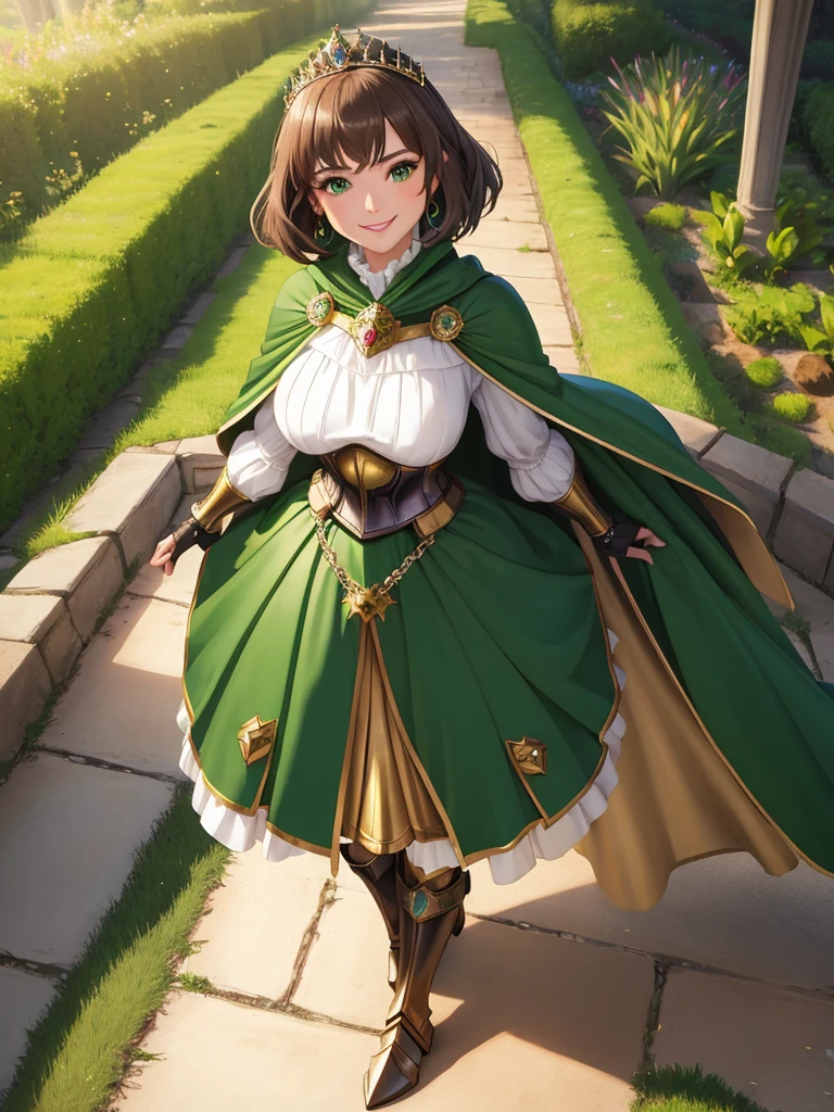 masterpiece, best quality:1.2), 1girl, smile, looking at viewer, green eyes, short brown hair, princess, armor, , pauldrons, armored dress, green cloak cape, wearing puffy blue ballgown skirt, golden tiara with green gem, armored boots, fingerless gloves, standing in medieval garden