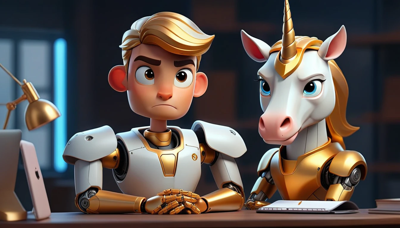 animated avatar of professional male robot looking at camera, humanized facial features, boca, this unicorn must reflect innovation, the success, aspirations associated with startups, expresion facial friendly y carismatica, large eyes, expressive. gold and silver aspects, sitting at a desk with a room background, friendly, looking forward looking at the camera