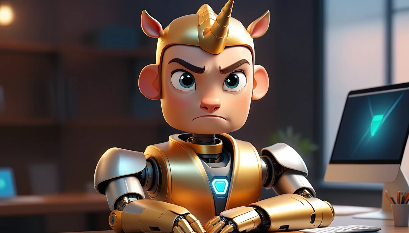 animated avatar of professional male robot looking at camera, humanized facial features, boca, this unicorn must reflect innovation, the success, aspirations associated with startups, expresion facial friendly y carismatica, large eyes, expressive. gold and silver aspects, sitting at a desk with a room background, friendly, looking forward looking at the camera