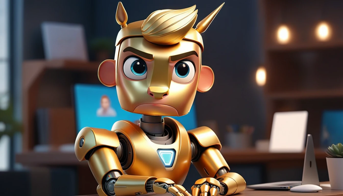 animated avatar of professional male robot looking at camera, humanized facial features, boca, this unicorn must reflect innovation, the success, aspirations associated with startups, expresion facial friendly y carismatica, large eyes, expressive. gold and silver aspects, sitting at a desk with a room background, friendly, looking forward looking at the camera