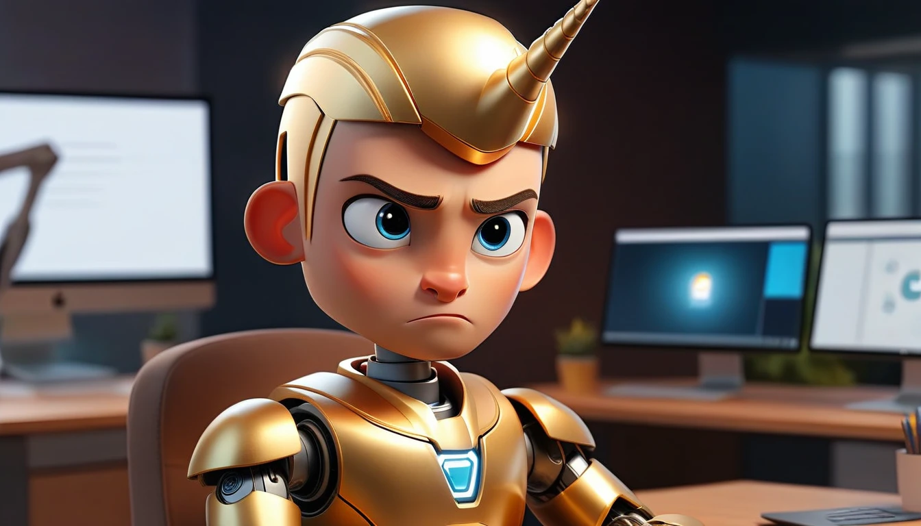 animated avatar of professional male robot looking at camera, humanized facial features, boca, this unicorn must reflect innovation, the success, aspirations associated with startups, expresion facial friendly y carismatica, large eyes, expressive. gold and silver aspects, sitting at a desk with a room background, friendly, looking forward looking at the camera
