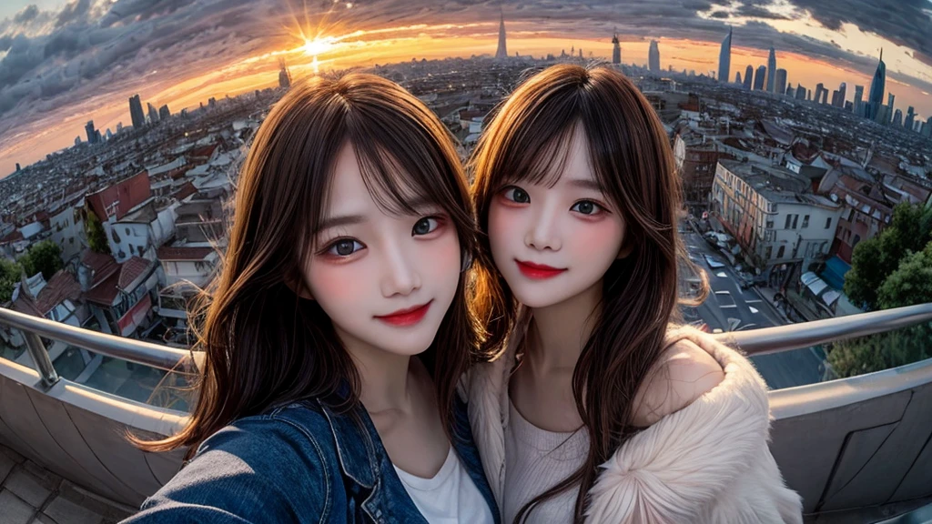 1 beautiful sweet girl,fluffy kitten on the shoulder. fish eye, selfie, wind, dirty long hair, sunset, cityscape, (Aesthetics and atmosphere:1.2),smiling