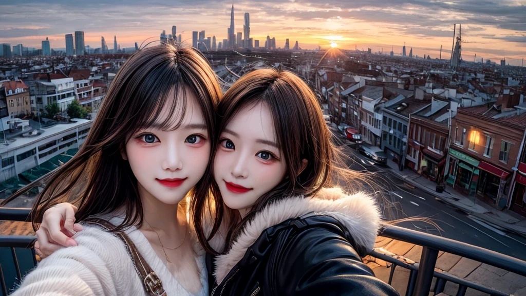 1 beautiful sweet girl,fluffy kitten on the shoulder. fish eye, selfie, wind, dirty long hair, sunset, cityscape, (Aesthetics and atmosphere:1.2),smiling