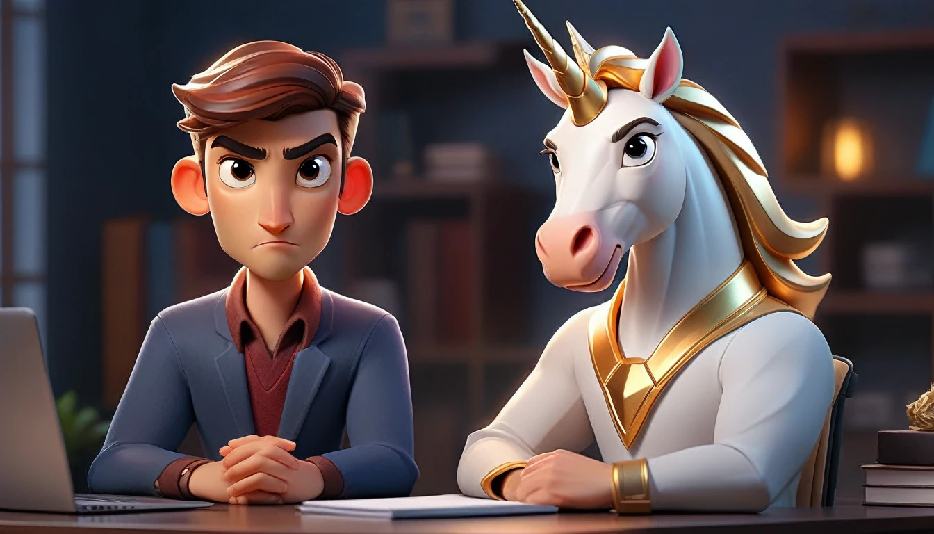 male and professional human animated avatar looking at camera, humanized facial features, boca, this unicorn must reflect innovation, the success, aspirations associated with startups, expresion facial friendly y carismatica, large eyes, expressive. gold and silver aspects, sitting at a desk with a room background, friendly, looking forward looking at the camera
