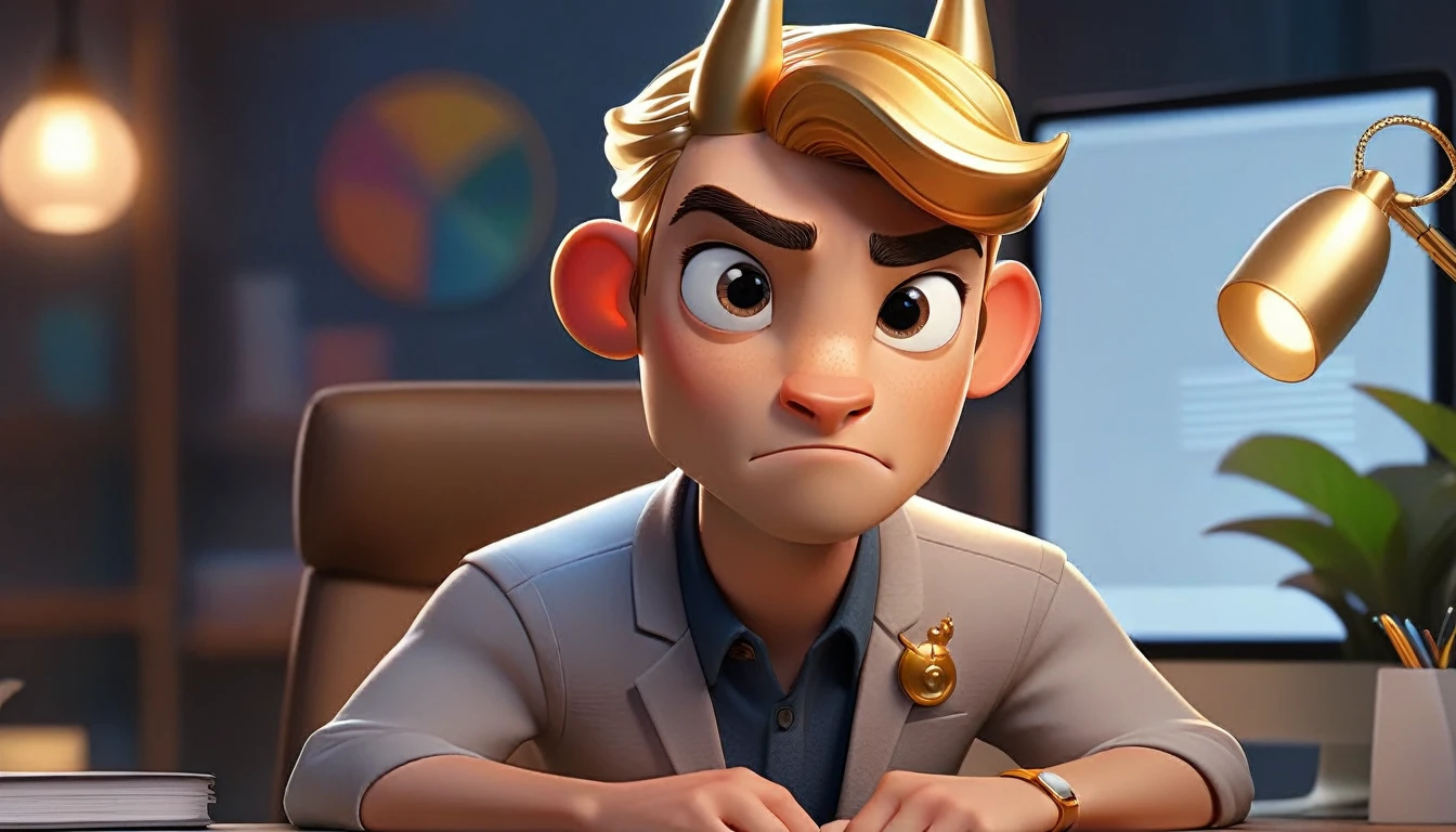 male and professional human animated avatar looking at camera, humanized facial features, boca, this unicorn must reflect innovation, the success, aspirations associated with startups, expresion facial friendly y carismatica, large eyes, expressive. gold and silver aspects, sitting at a desk with a room background, friendly, looking forward looking at the camera