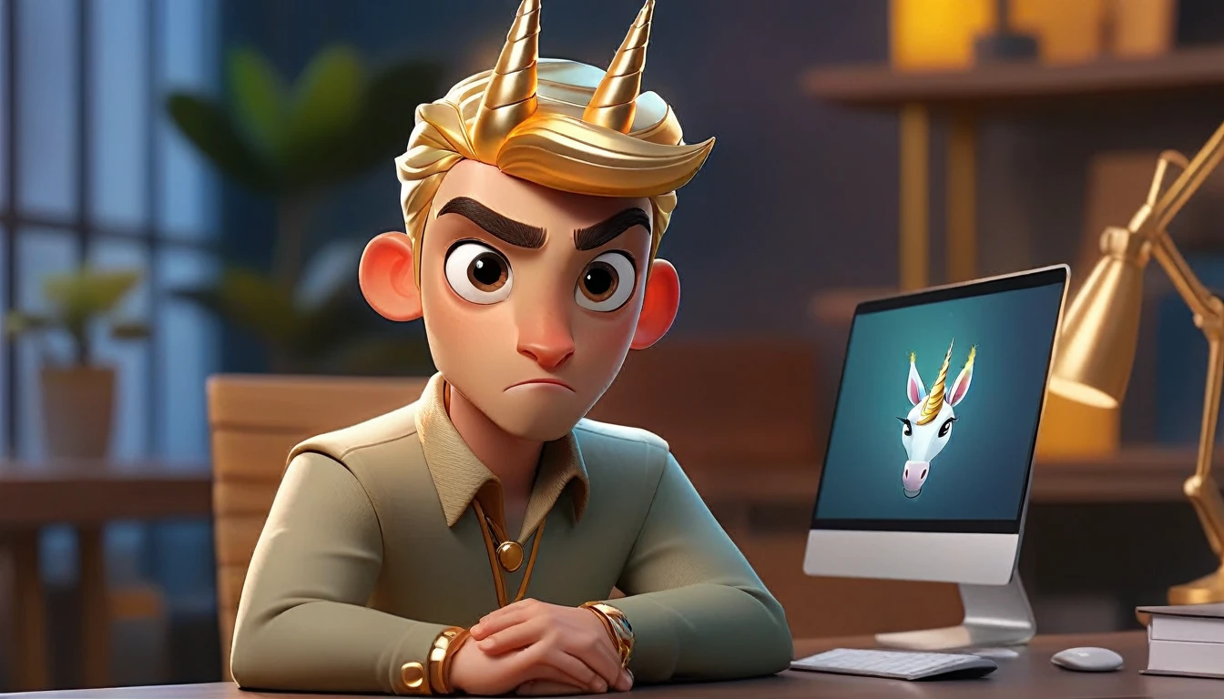 male and professional human animated avatar looking at camera, humanized facial features, boca, this unicorn must reflect innovation, the success, aspirations associated with startups, expresion facial friendly y carismatica, large eyes, expressive. gold and silver aspects, sitting at a desk with a room background, friendly, looking forward looking at the camera