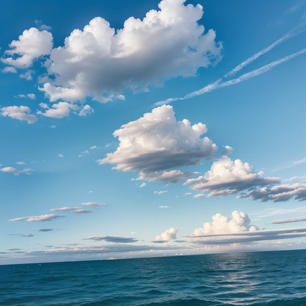 A clear, sunny sky, with a light blue gradient on the horizon intensifying to a deeper blue as it rises. Add scattered white clouds, in various ways, with smooth, irregular edges, distributed across the sky.