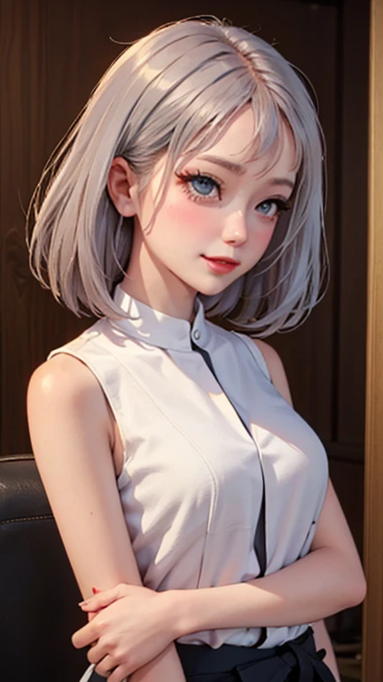 blush a little and smile, (Top quality masterpiece:1.2) Delicate illustrations, Very detailed, /Beautiful Japanese Women、1 person,Very cute and slim、Great style 、((8K images、super high quality))、Very delicate face, Skin and Hair、beautifule forehead、Red lipstick、(((((Medium Hair、Silver Hair、lure))))),Very cute Japanese cut face、Eyes and nose are clearly visible、Kind eyes,((((Sleeveless fashion))))