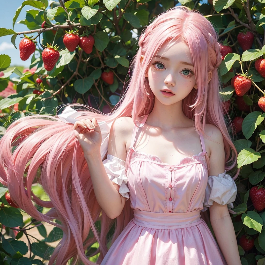 Girl from the cartoon Strawberry Shortcake She has long, pink hair And bright green eyes, a girl with white skin, cute features, a young girl She has pink lips and pink and green clothes. The girl in a strawberry garden