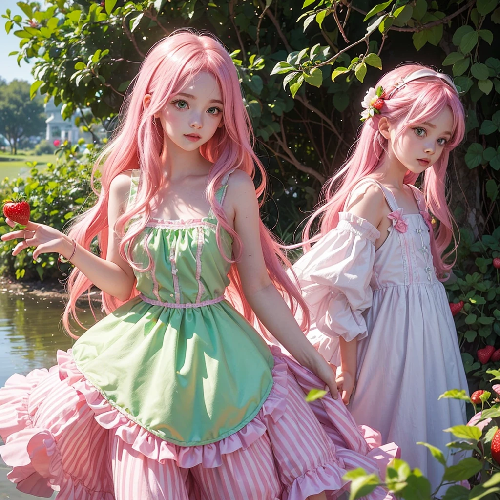 Girl from the cartoon Strawberry Shortcake She has long, pink hair And bright green eyes, a girl with white skin, cute features, a young girl She has pink lips and pink and green clothes. The girl in a strawberry garden