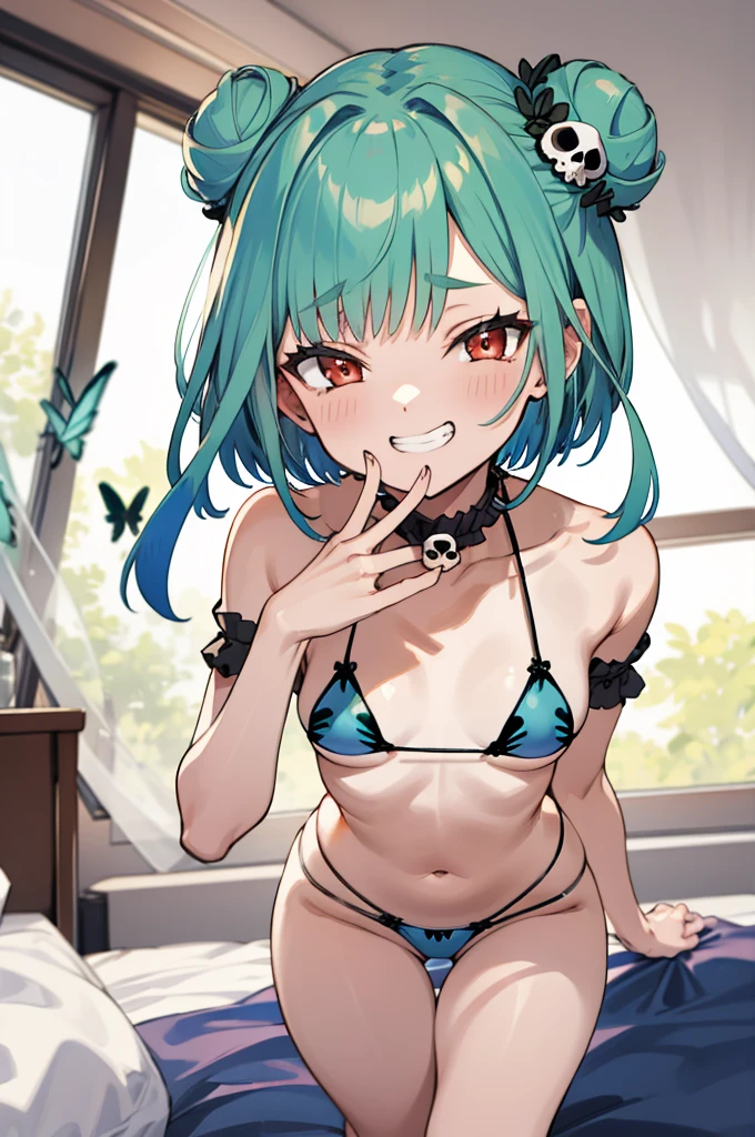 rushia_bikini, green hair, short hair, side buns, blue bikini, frills, butterfly, small breasts, skull hair ornament,grin,my room