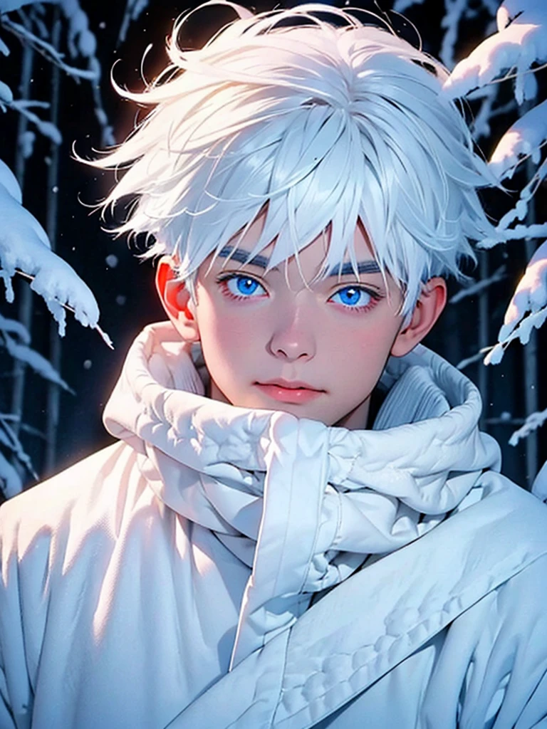 Gojo Satoru walk in winter coated in snow ,white hair , blue eyes