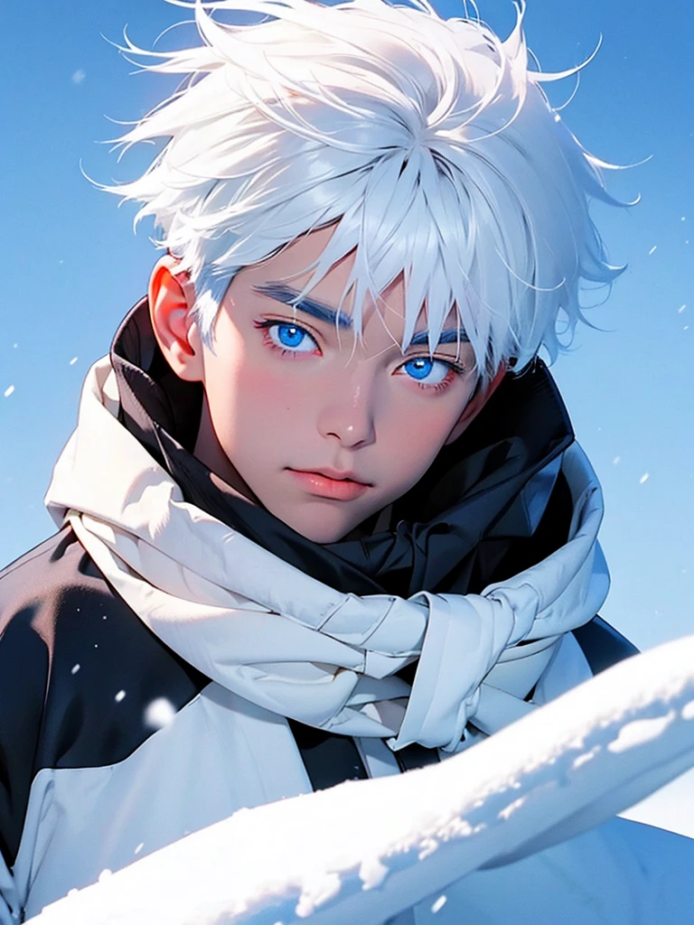 Gojo Satoru walk in winter coated in snow ,white hair , blue eyes