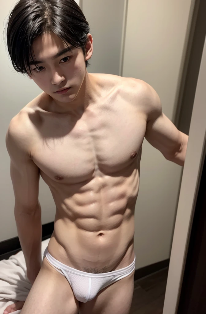 18-year-old boy, Upper body naked, White underwear ,Smooth skin Japanese style room,  Black Hair,   Thin、Beautiful Boy、Japanese、Dark Eyes、whole body