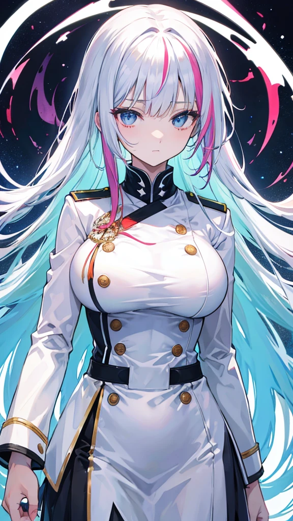 rainbow colored hair, expressionless, neat white uniform, holding a sword, very large breasts, long straight hair