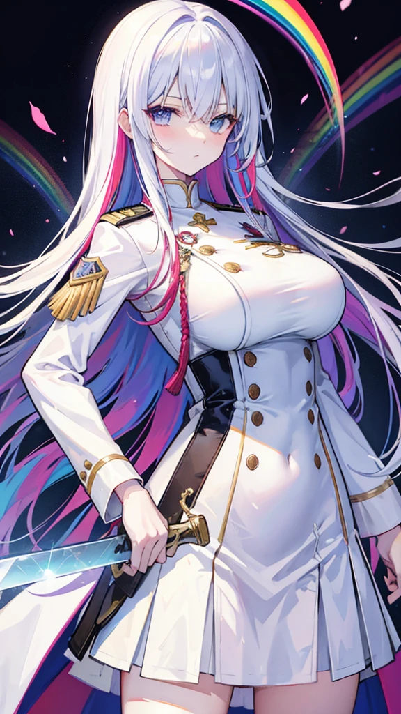 rainbow colored hair, expressionless, neat white uniform, holding a sword, very large breasts, long straight hair