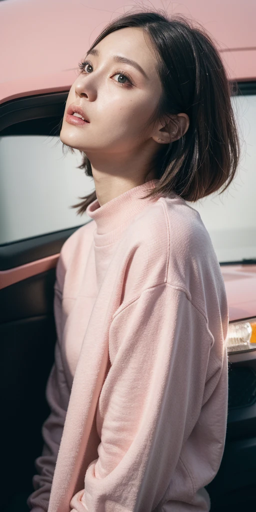 high angle photo of a gorgeous young woman in the style of cyberpunk, realistic skin texture, looks up,pink sweatshirt,posing on a car, 1 / 2 body crop, 8 5 mm art lens, f 1. 2, sharp focus, 8 k high definition, insanely detailed, intricate, elegant, art by stanley lau and cyberpunk
