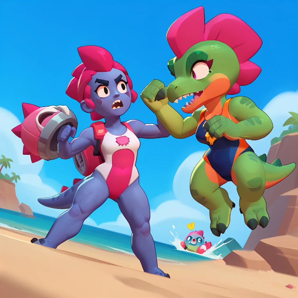 full view of a dinosaur, female, dark blue skin, dinosaur dressed in a swimsuit, having pink and white buoy, dinosaur animal, fight, brawl stars