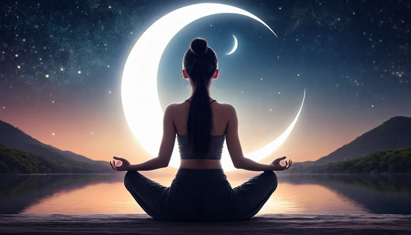 Woman facing backwards sitting in zen meditation pose、Fusion with space bodies, The crescent moon of the new moon shines brightly, The infinite mystery of the universe and the individual's cosmic symbiosis. A pillar of light descends onto the place where the person is sitting., Penetrating deep into the Earth's mantle. This means a ground connection to the earth, Transcending it through meditation、Anchoring a person to physical reality. The lighting in this image is as balanced as the air, Physical and metaphysical. Use a wide-angle lens, 16-35mm f, wait./2.8, This allows you to capture a wide range of images., Small openings like F/If you use u can focus on all the elements. About lighting, soft, Throwing diffused light on a meditating figure、Shine with a fantastic glow, It means the illumination of enlightenment. For background, dynamic contrast、Flying out of the inner layers of the galaxy and the Earth, Use post-production techniques to fine-tune the details, yoga, 8K Wallpaper, Cinema lighting, Falling from a rift in space-time, Chakra, Kundalini, mysterious, Enlightenment,