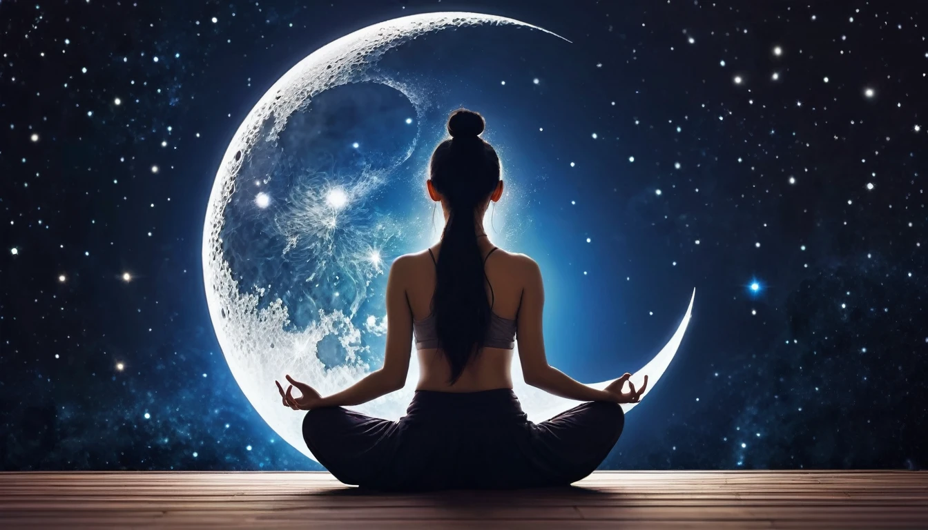 Woman facing backwards sitting in zen meditation pose、Fusion with space bodies, The crescent moon of the new moon shines brightly, The infinite mystery of the universe and the individual's cosmic symbiosis. A pillar of light descends onto the place where the person is sitting., Penetrating deep into the Earth's mantle. This means a ground connection to the earth, Transcending it through meditation、Anchoring a person to physical reality. The lighting in this image is as balanced as the air, Physical and metaphysical. Use a wide-angle lens, 16-35mm f, wait./2.8, This allows you to capture a wide range of images., Small openings like F/If you use u can focus on all the elements. About lighting, soft, Throwing diffused light on a meditating figure、Shine with a fantastic glow, It means the illumination of enlightenment. For background, dynamic contrast、Flying out of the inner layers of the galaxy and the Earth, Use post-production techniques to fine-tune the details, yoga, 8K Wallpaper, Cinema lighting, Falling from a rift in space-time, Chakra, Kundalini, mysterious, Enlightenment,