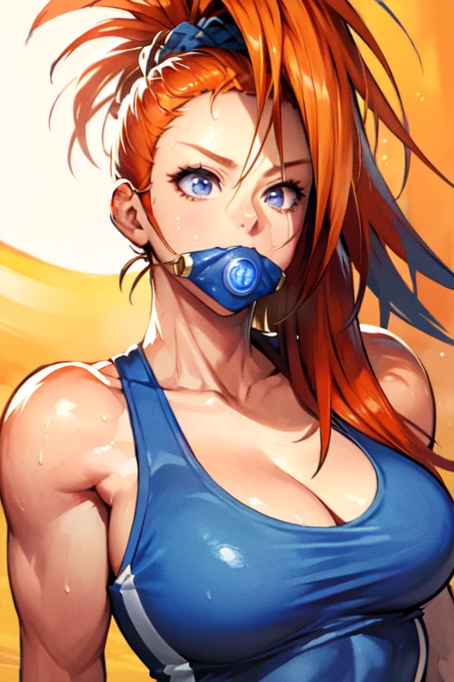 (masterpiece:1.2), (best quality:1.2), (extremely detailed:1.2), (photorealistic:1.1), (extremely detailed face), (ultra detailed), ((1girl)), frown,confuse, upper body, blue tank top, blue bracelet, mouth retracter gag,mouth open,orange hair,purple eyes,bun hair,captain_mizuki, dentist background