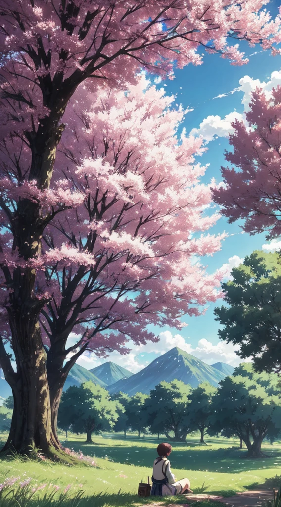 anime scene of a woman sitting under a tree in a field, anime nature, anime nature wallpap, anime background, beautiful anime scenery, beautiful anime scene, anime scenery, anime landscape, anime landscape wallpaper, makoto shinkai!, anime beautiful peace scene, anime countryside landscape, anime background art, makoto shinkai!!, anime movie background