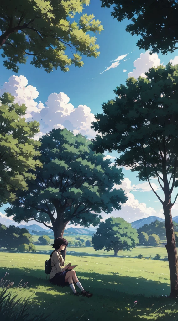 anime scene of a woman sitting under a tree in a field, anime nature, anime nature wallpap, anime background, beautiful anime scenery, beautiful anime scene, anime scenery, anime landscape, anime landscape wallpaper, makoto shinkai!, anime beautiful peace scene, anime countryside landscape, anime background art, makoto shinkai!!, anime movie background
