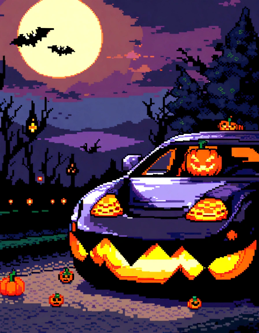 ピクセルアートのSpooky Night景, 3D pixel art 4K wallpaper, Incredible pixel art detail, Pixel art, Detailed Unreal Engine pixel art, Half red moon sky, Spooky Night, Halloween, Pumpkin, car