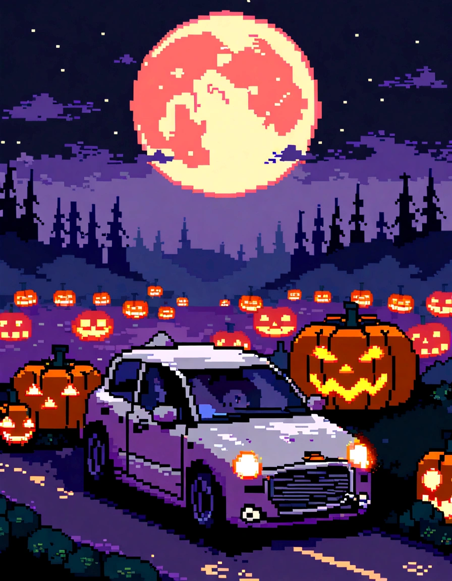 ピクセルアートのSpooky Night景, 3D pixel art 4K wallpaper, Incredible pixel art detail, Pixel art, Detailed Unreal Engine pixel art, Half red moon sky, Spooky Night, Halloween, Pumpkin, car