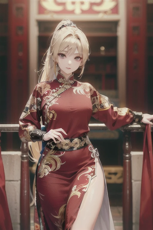 realistic, red cloth, exquisite face, blonde hair, red eyes, braid, beautiful girl, Full show, Gold Embroidery， black embroidered gold， high ponytail， depth of field, high resolution, 1 woman, hips up, beautiful eyes, white hair, long hair, big eyes, Chinese clothes, Fei Yu