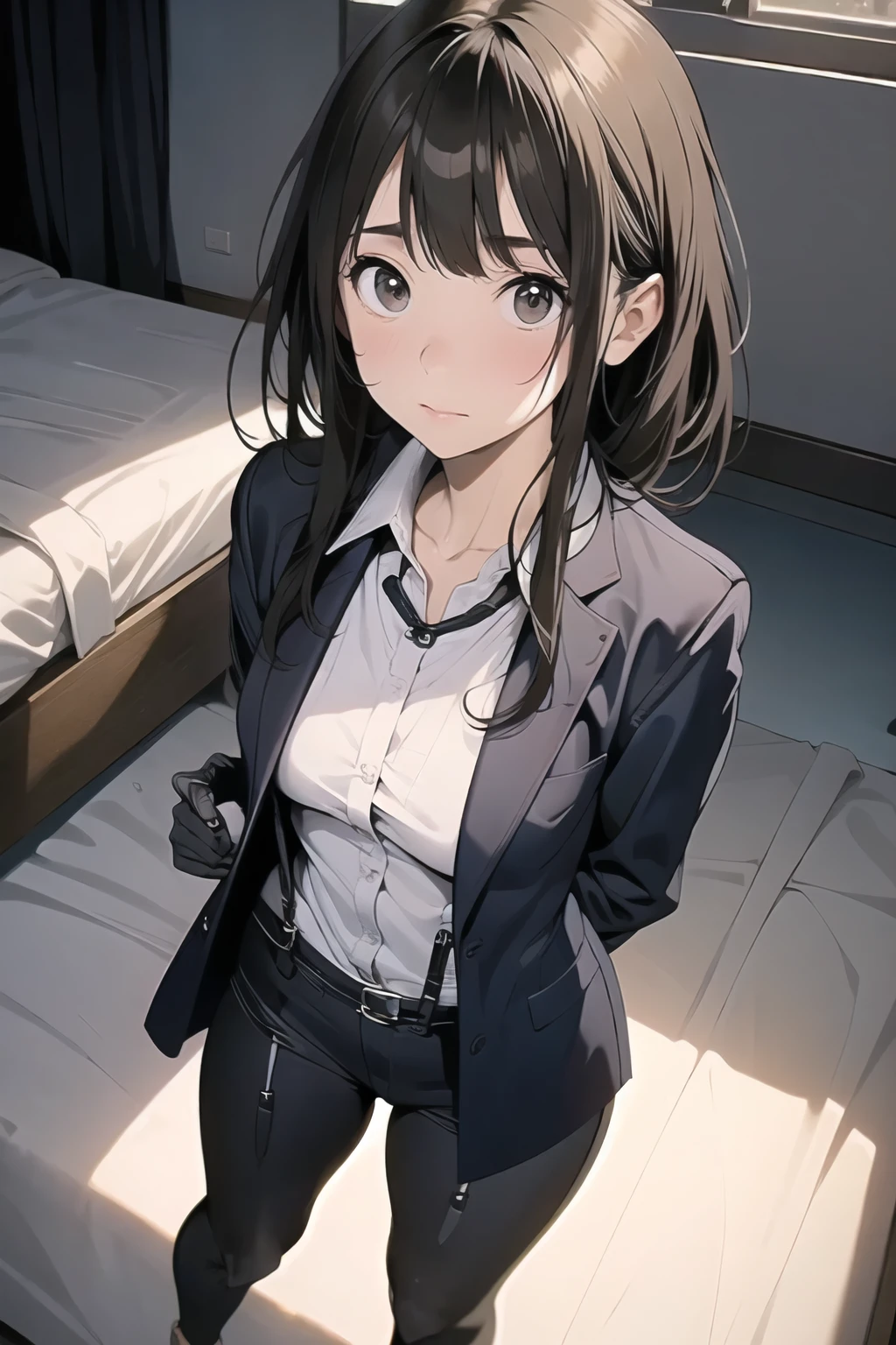 1 female, , high quality, masterpiece, Ultra-high resolution, , Cinema Lighting, , , And the suspenders with the cranes flying Moderate breasts Small face holster Lying in bed Looking up Sweat belt summer 脇Sweat Black Hole Gloves suit shirt Black jacket Black trousers Leg Links ズボンにbelt holster Hands behind your back Anxious expression Looking up Anxious face