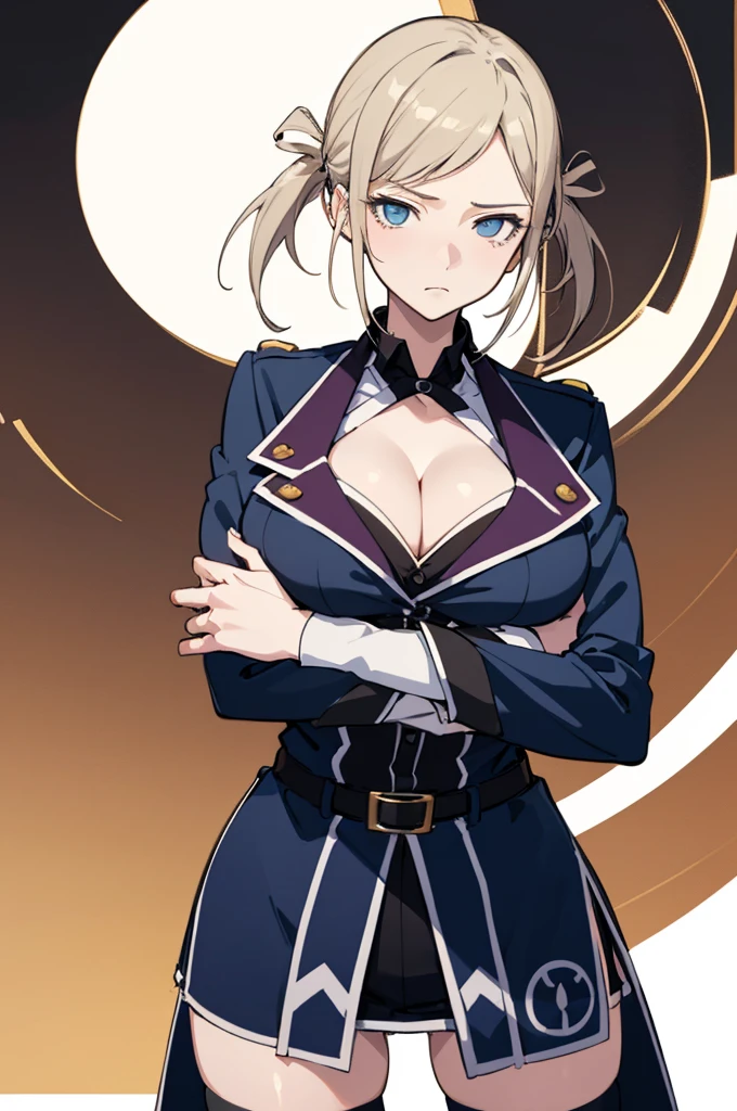 (masterpiece, best quality:1.2), huge , cleavage, cowboy shot, solo, 1girl, awashima seri, expressionless, closed mouth, looking at viewer, crossed arms, blue eyes, uniform, thighhighs