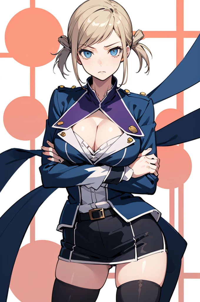 (masterpiece, best quality:1.2), huge , cleavage,  cowboy shot, solo, 1girl, awashima seri, expressionless, closed mouth, looking at viewer, crossed arms, blue eyes, uniform, thighhighs