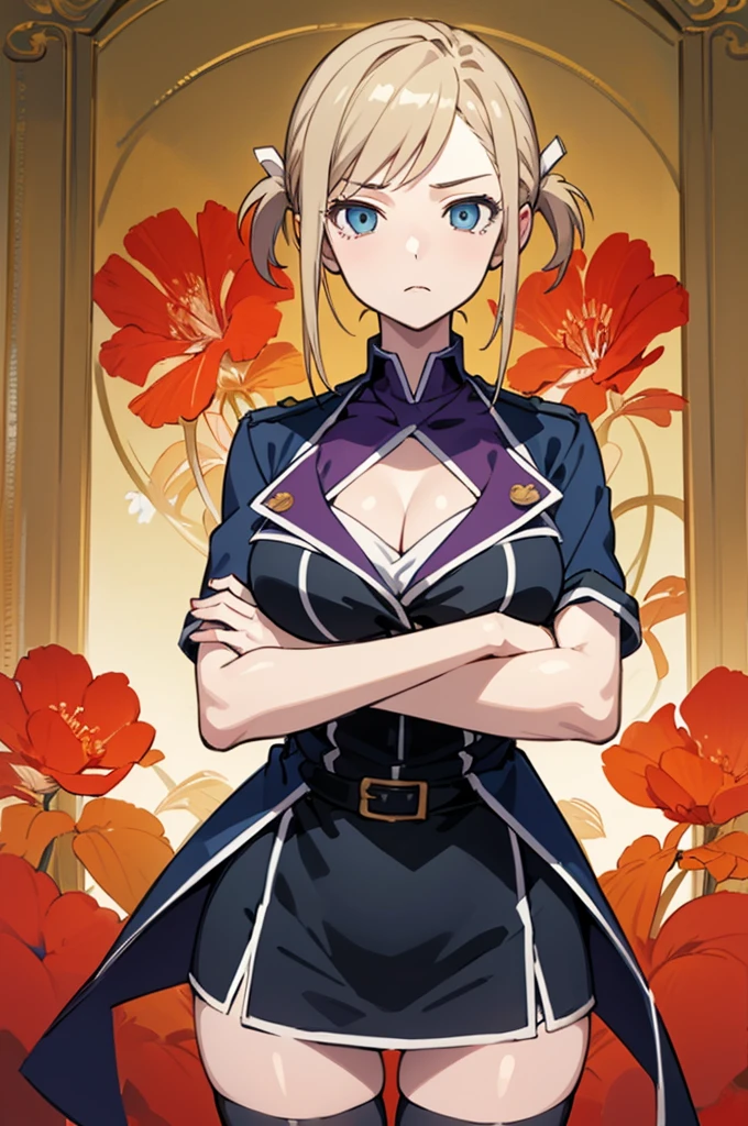 (masterpiece, best quality:1.2), huge , cleavage, cowboy shot, solo, 1girl, awashima seri, expressionless, closed mouth, looking at viewer, crossed arms, blue eyes, uniform, thighhighs