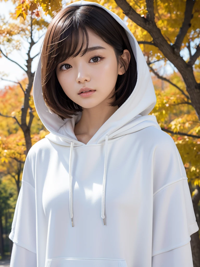 One Girl、Perfect Anatomy、Correct human body、Layered Haircut、Short Wavy Hair、Woman with beautiful face、Perfect beauty、Natural color poncho-style hoodie、silence、White wall、Autumn Tree々々々々々々、White world and trees with autumn leaves々々々々々々々、Simplified Background、Natural soft light、to be born、Realistic、最high quality、Real Stick、high quality、High resolution、Random Pause