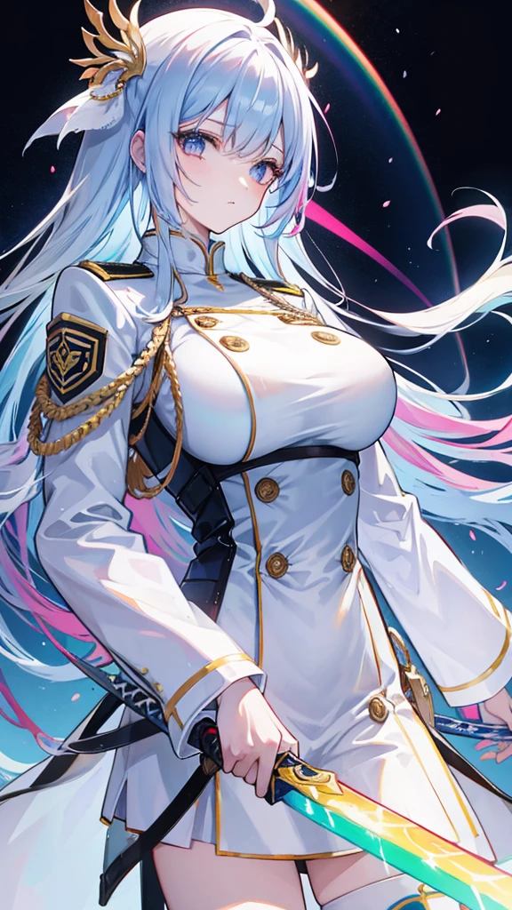 rainbow colored hair, expressionless, neat white uniform, holding a sword, very large breasts, long straight hair