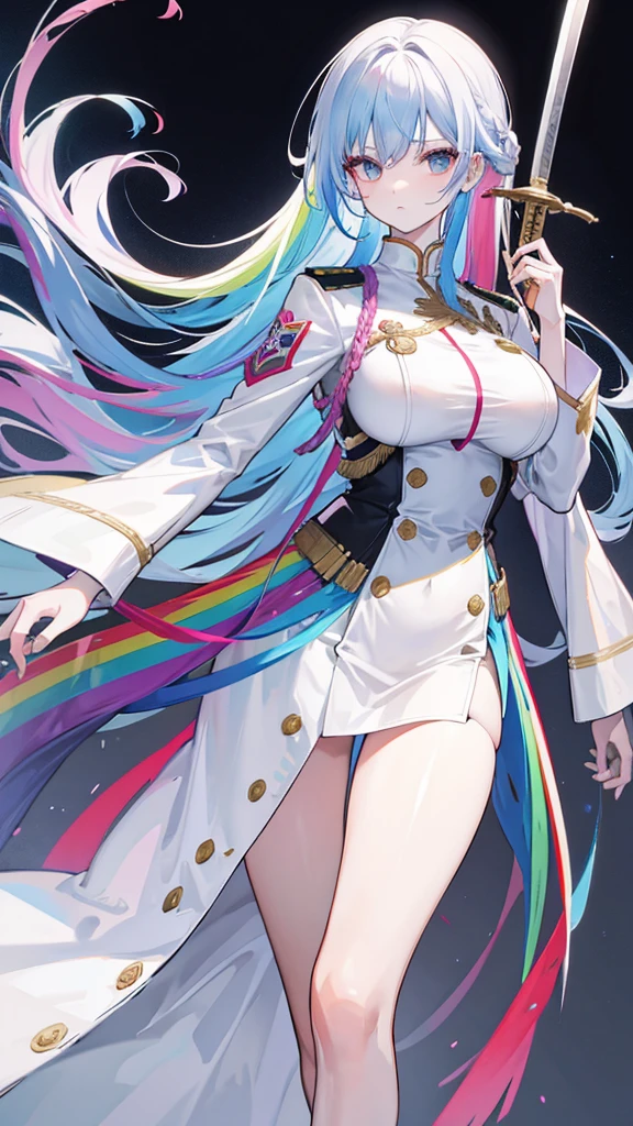 rainbow colored hair, expressionless, neat white uniform, holding a sword, very large breasts, long straight hair