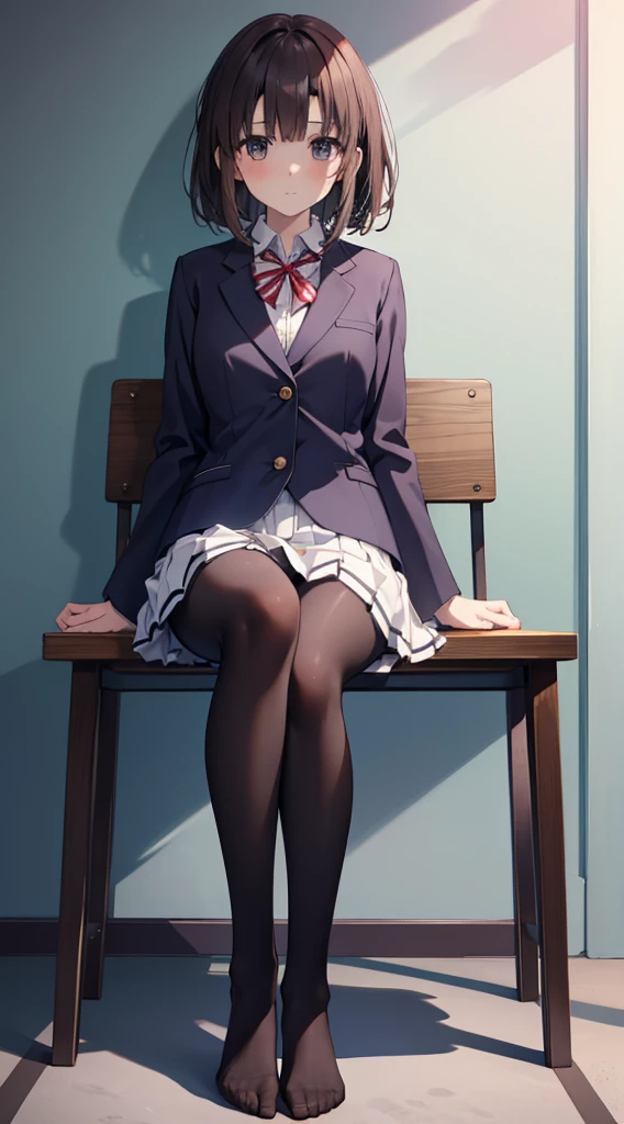 Top quality, masterpiece, High resolution, (Head to toe full body), front, frontやや下からの構図, Symmetric, Tall 18 year old girl, alone, (Head to toe), (Small breasts), Unkempt brown hair, bangs, (black tights), (Black Pantyhose), (Sit with your legs apart), (Crouching pose), (A composition showing white panties), (Her legs were spread、I see your white pants.), (I was made to sit on the floor with my legs spread..), (M-shaped legs), Thin legs, A very beautiful and tall 18 year old girl, (No shoes), blush, Shy big eyes, looking at the camera, Blazer Uniform, Checkered Pleated Skirt、Megumi Kato