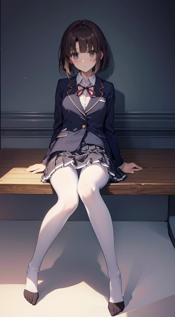 Top quality, masterpiece, High resolution, (Head to toe full body), front, frontやや下からの構図, Symmetric, Tall 18 year old girl, alone, (Head to toe), (Small breasts), Unkempt brown hair, bangs, (black tights), (Black Pantyhose), (Sit with your legs apart), (Crouching pose), (A composition showing white panties), (Her legs were spread、I see your white pants.), (I was made to sit on the floor with my legs spread..), (M-shaped legs), Thin legs, A very beautiful and tall 18 year old girl, (No shoes), blush, Shy big eyes, looking at the camera, Blazer Uniform, Checkered Pleated Skirt、Megumi Kato