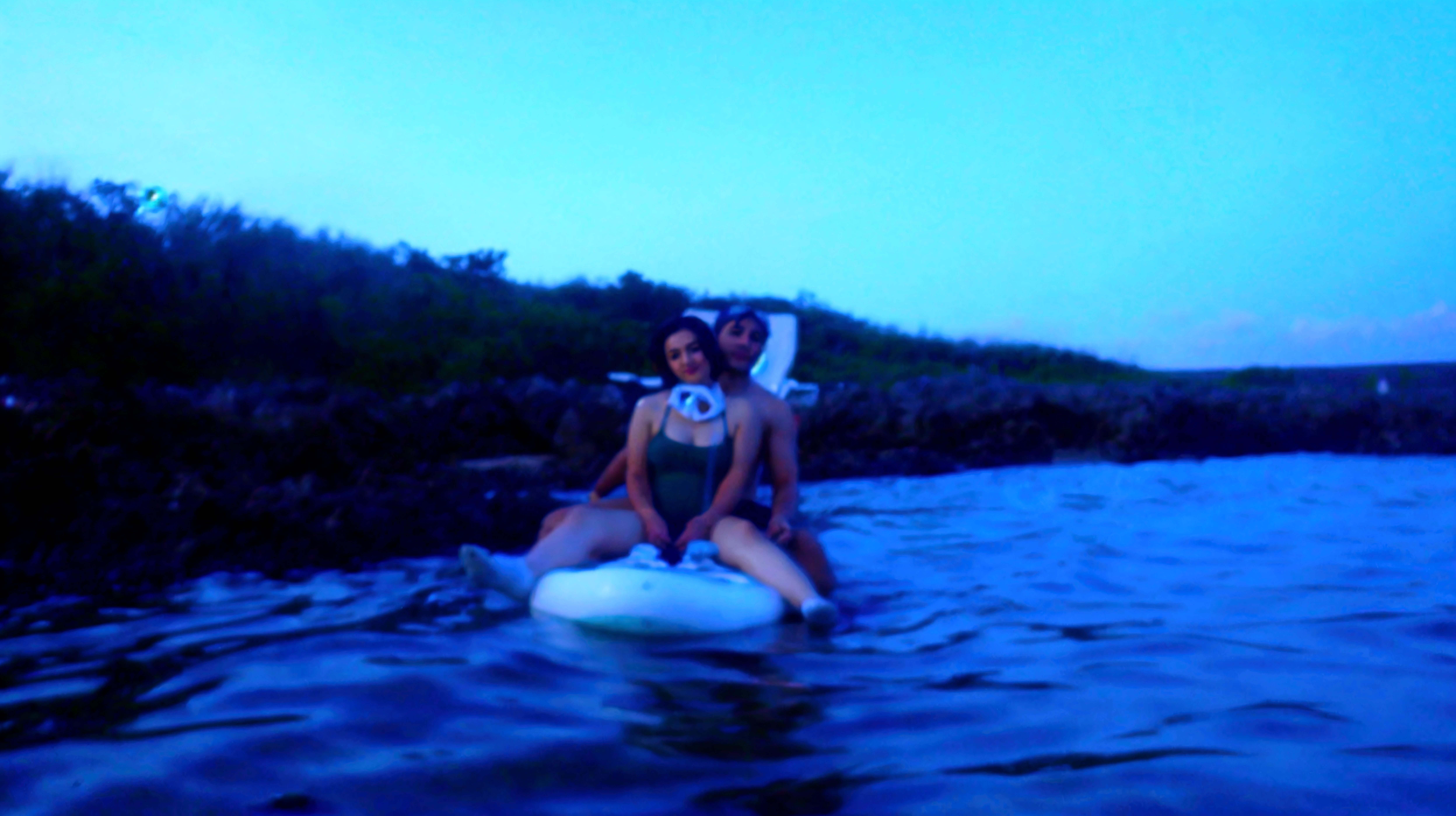 there is a man and woman in a bikini in the water, couple pose, romantic!!!, secondlife, in a lake, on a lake, elegant pose, in a pond, second life avatar, snapshot, in lake, romantic couple, island, dominant pose, intense detail, in a desert oasis lake, deep!!!!!, by Milton Menasco, luca