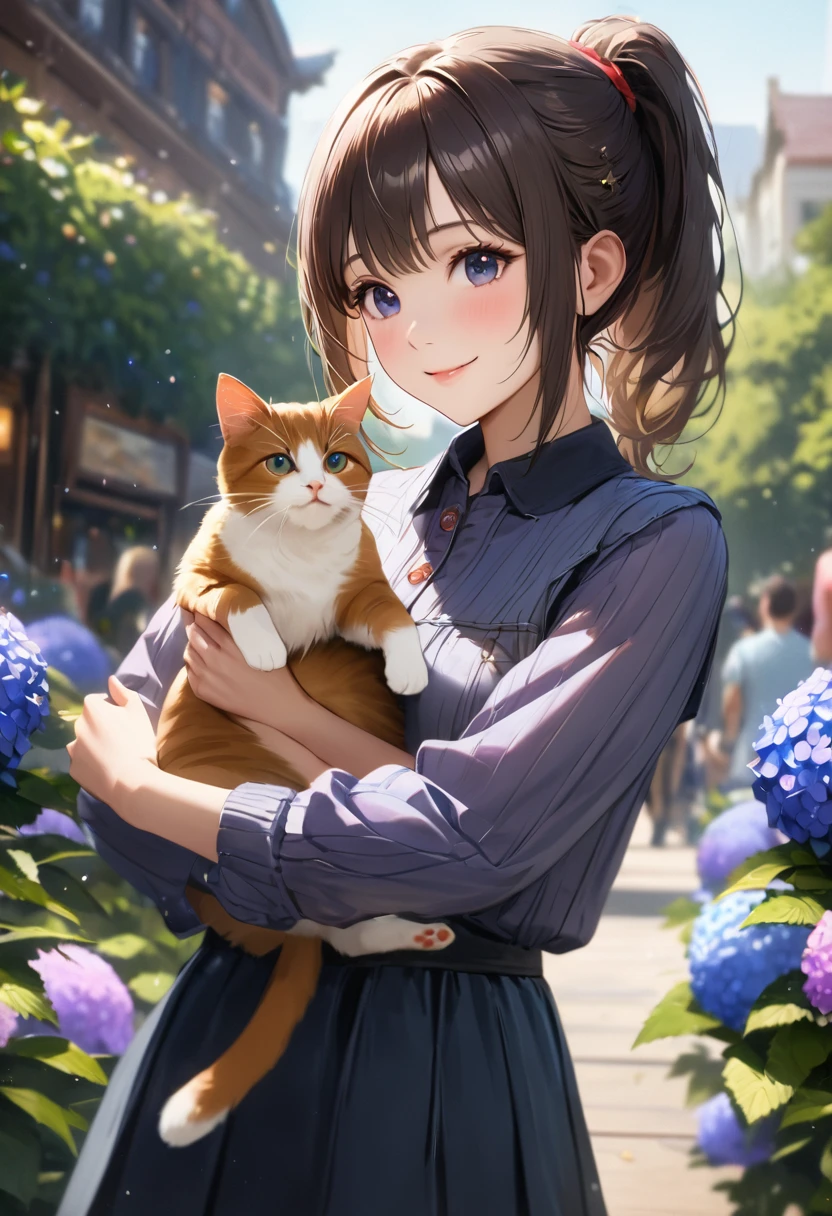 Hydrangea Park, Cute casual clothes,Holding a cat,Blur the background,high school girl,ponytail,smile,Glitter effect,Highest quality, 4K, 8K, High resolution, masterpiece:1.2, Very detailed, Realistic:1.37, High resolution, 超High resolution, Ultra-fine painting, Sharp focus, Physically Based Rendering, Very detailedな説明, Professional, Vibrant colors